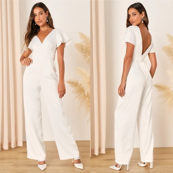 Lulus Pants - Romantic Beginnings Ivory Satin Flutter Sleeve Wide-Leg Jumpsuit XS